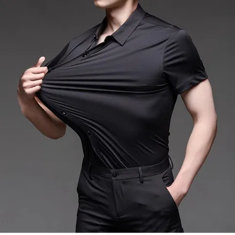 Camicia da Uomo Business Casual a Maniche Corte Alta Elasticità Senza Cuciture No-Stiro Seta di Ghiaccio Tinta Unita