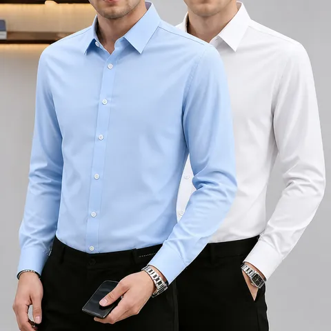Chemise Affaires Homme Manches Longues Mélange Coton Sans Repassage Couleur Unie Chemise Formelle Slim Fit Bureau Homme