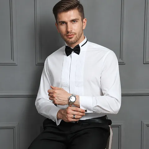 Formal Tuxedo Dress Shirt Cotton Blend Wing Collar Pleated Front French Cuffs With Bow Tie Cufflinks For Wedding Banquet
