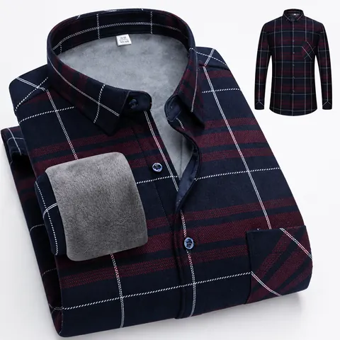 Herren Casual Karo Langarmhemd Gebürstet Fleecegefüttert Verdickt Thermische Wärme Top Quadratischer Kragen Knopfverschluss Mode Hemd