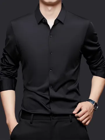 Men's Business Casual Stretch Shirt Long Sleeve Wrinkle-Free Seamless Silk-Like Drape Polyester Spandex Button Down Top