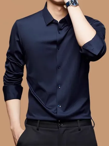 Men's Business Casual Stretch Shirt Long Sleeve Wrinkle-Free Seamless Silk-Like Drape Polyester Spandex Button Down Top