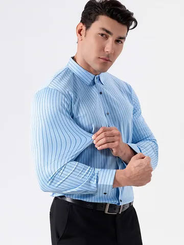 Camicia da Uomo Business Casual Alta Elasticità a Righe Senza Stiro Resistente alle Pieghe Manica Lunga Top Slim Fit Ufficio