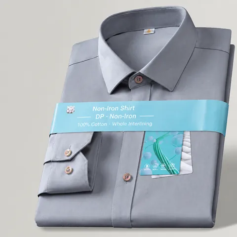 Chemise Formelle de Bureau pour Hommes en Pur Coton Manches Longues Sans Repassage Couleur Unie Col Rabattu Professionnelle