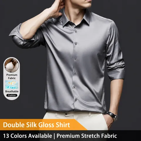 Camicia da Uomo Formale da Ufficio a Manica Lunga Consistenza Satinata Antipiega Tinta Unita Professionale Casual Top