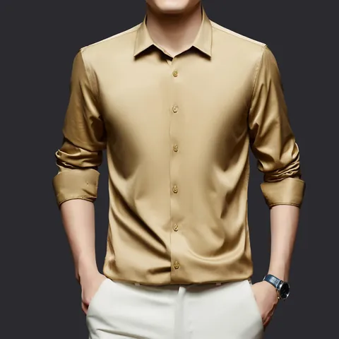 Camicia da Uomo Formale da Ufficio a Manica Lunga Consistenza Satinata Antipiega Tinta Unita Professionale Casual Top