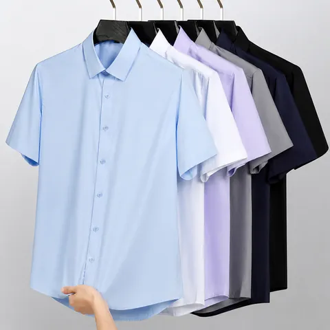 Camicia da Uomo Business in Seta di Ghiaccio a Manica Corta Modal Traspirante Tinta Unita Senza Stiro Casual Formale Top