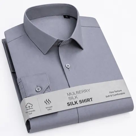 Camicia a Maniche Lunghe in Misto Seta di Gelso da Uomo Business Casual Senza Stiro Antipiega Tinta Unita Top