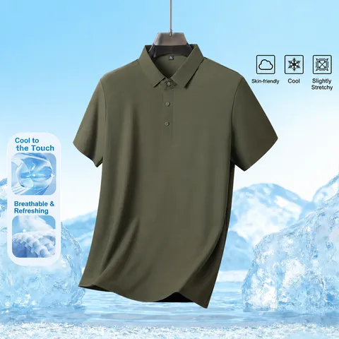 Men Summer Ice Silk Polo Shirt Cooling Breathable Short Sleeve Top Solid Color Minimalist Business Casual Sporty Male Clothing