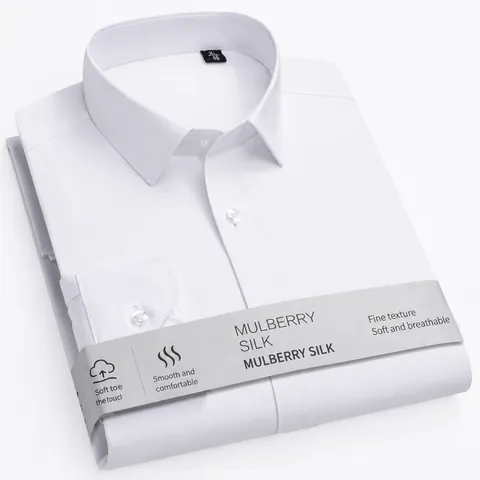 Camicia a Maniche Lunghe in Misto Seta di Gelso da Uomo Business Casual Senza Stiro Antipiega Tinta Unita Top
