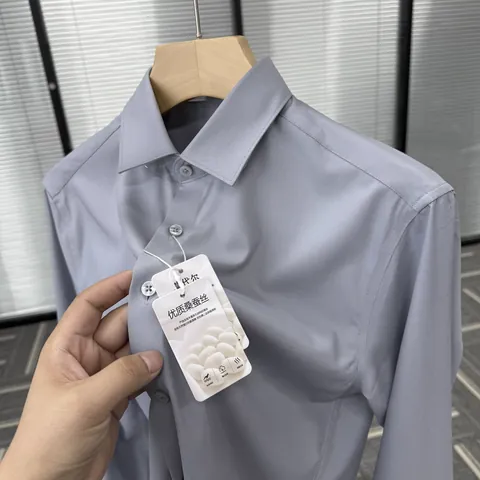 Men Business Formal Shirt Solid Color Long Sleeve Top Non-Ironing Polyester Blend Casual Work Wear Apparel For Gentlemen