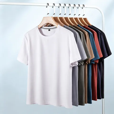 Men's Ice Silk Short Sleeve T-Shirt Quick Dry Breathable Waffle Texture Round Neck Solid Color Summer Top Comfortable Men Clothing