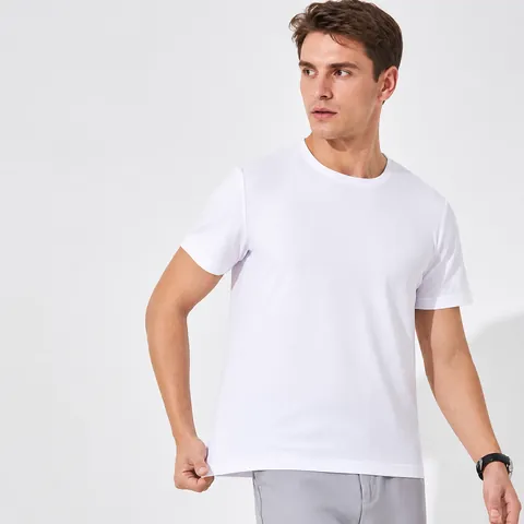 Men's Ice Silk Short Sleeve T-Shirt Quick Dry Breathable Waffle Texture Round Neck Solid Color Summer Top Comfortable Men Clothing