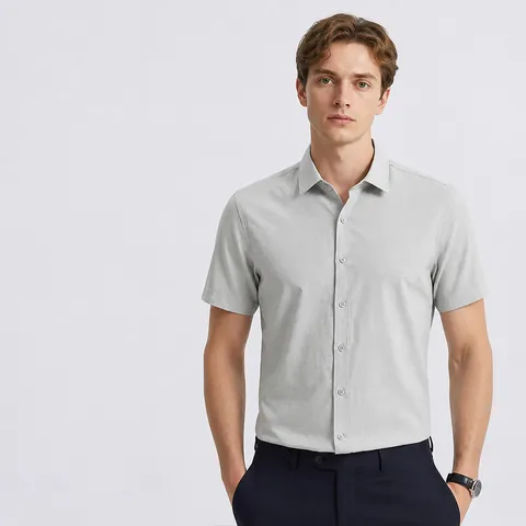 Camisa de Manga Corta de Lino y Modal para Hombre Negocios Casual Sin Planchado Color Sólido Transpirable Corte Ajustado Top