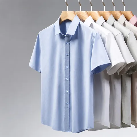 Camisa de Manga Corta de Lino y Modal para Hombre Negocios Casual Sin Planchado Color Sólido Transpirable Corte Ajustado Top
