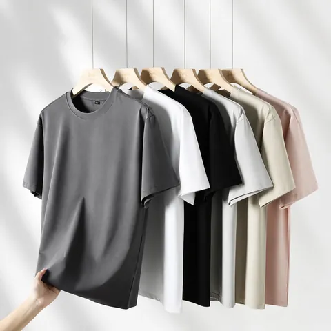 Maglietta a Maniche Corte da Uomo in Misto Cotone Lyocell Tencel Tinta Unita Girocollo Seta di Ghiaccio Raffreddamento Traspirante