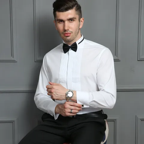 Formal Tuxedo Dress Shirt Cotton Blend Wing Collar Pleated Front French Cuffs With Bow Tie Cufflinks For Wedding Banquet