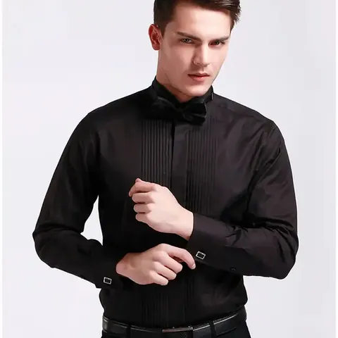 Men Formal Tuxedo Shirt Wing Tip Collar Pleated Front Cotton Blend Long Sleeve Top With Bow Tie Cufflinks For Wedding Banquet