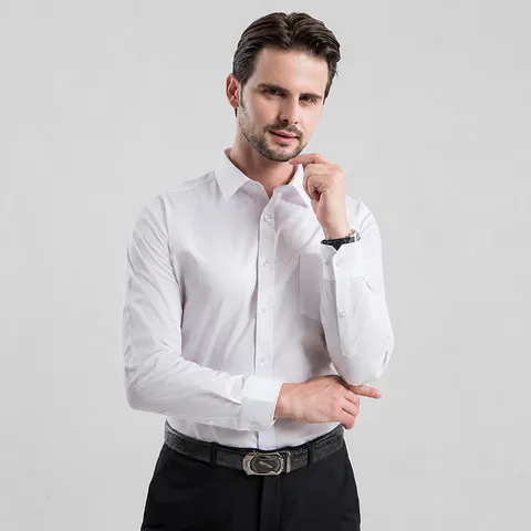 Men's High-End 100% Cotton Long Sleeve Business Formal Shirt Liquid Ammonia Non-Iron Slim Fit White Blue Striped Work Top