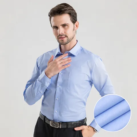 Men's High-End 100% Cotton Long Sleeve Business Formal Shirt Liquid Ammonia Non-Iron Slim Fit White Blue Striped Work Top