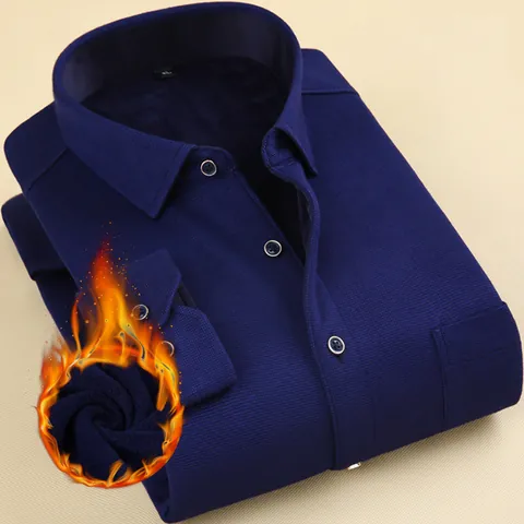 Chemise Doublée Polaire Homme Hiver Chaud Épais Manches Longues Business Couleur Unie Col Classique pour Hommes d'Âge Moyen