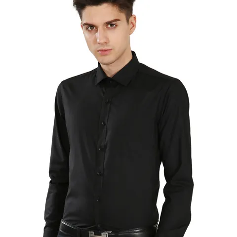 Chemise Homme Business Slim Fit Manches Longues Professionnelle Formelle Mélange Coton Polyester Respirant Couleur Unie Top