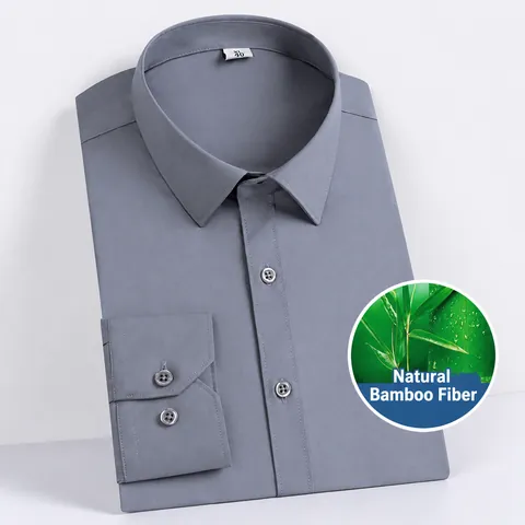Camicia da Uomo Premium in Fibra di Bamboo Elasticizzata a Maniche Lunghe Slim Fit Business Casual Formale Tinta Unita per Ufficio Matrimonio