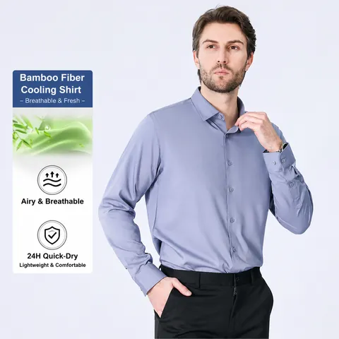 Chemise Formelle d'Affaires pour Hommes Mélange de Fibre de Bambou Polyester Manches Longues Coupe Ajustée sans Repassage