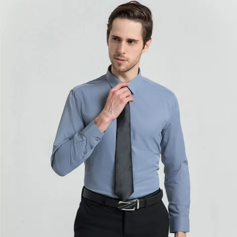 Men Business Formal Dress Shirt Polycotton Non-Iron Long Sleeve Top Square Collar Solid Color Office Work Shirt