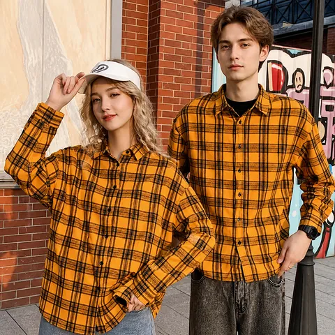 Camisa Casual de Cuadros Cepillada para Mujeres Hombres Estilo Coreano Literario Pareja Camisa con Botones Chaqueta Top