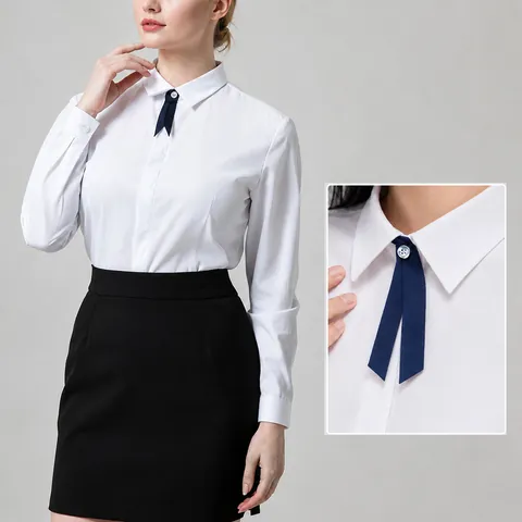 Chemisier Femme Business Coupe Cintrée Coton Polyester Col Carré Manches Longues Blanc Vêtements Professionnels Travail Avec Noeud Papillon