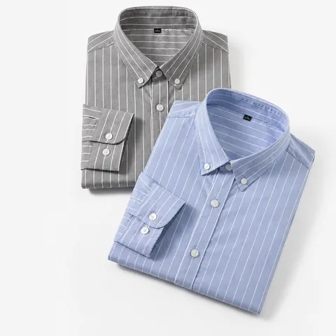 Chemise Homme Décontractée en Coton Oxford à Carreaux Manches Longues Col Boutonné Coupe Régulière Chemise à Rayures Poche
