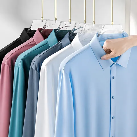 Camicia da Uomo Business Casual Elastica Non Stira a Maniche Lunghe Tinta Unita in Poliammide ed Elastan Senza Cuciture