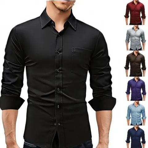 Camisa de Vestir Formal de Manga Larga para Hombre Elástica Resistente a las Arrugas Color Sólido Camisa de Oficina Casual