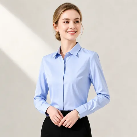Women Slim Fit Cotton Non-Iron Shirt Business Casual Long Sleeve Short Sleeve Office Work Blouse Top Solid Color Button Down