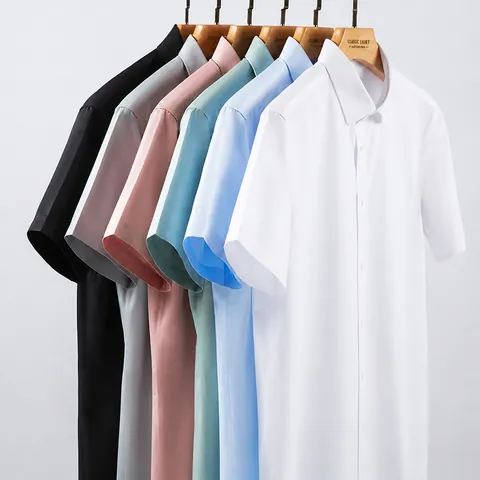 Camisa de Negocios para Hombre de Algodón a Rayas Sin Planchado Transpirable Manga Corta Top Slim Fit Casual Trabajo Camisa Blanca para Hombre
