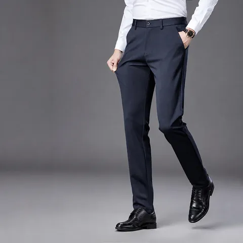Men's Slim Fit Business Dress Pants Four-Way Stretch Straight Leg Formal Trousers Polyester Breathable Lightweight Bottom