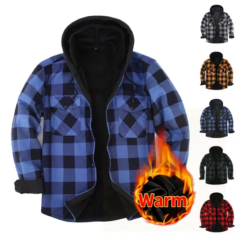 Men Hooded Plaid Shirt Fleece Lined Thickened Warm Polyester Flannel Long Sleeve Shirt Jacket Casual Urban Men Wear Top