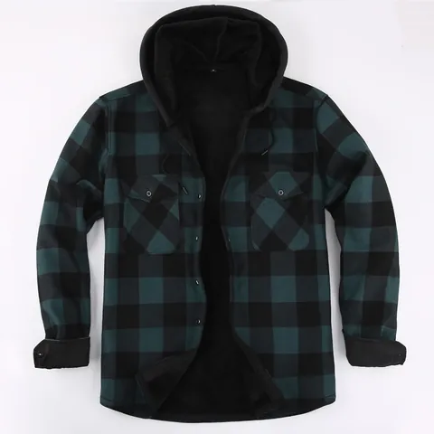 Men Hooded Plaid Shirt Fleece Lined Thickened Warm Polyester Flannel Long Sleeve Shirt Jacket Casual Urban Men Wear Top