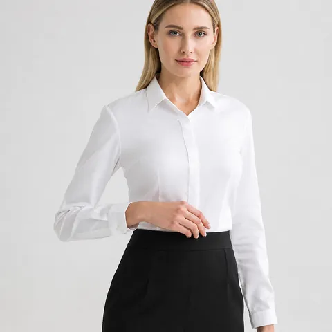 Women's Professional Cotton Non-Iron Blouse Slim Fit Formal Office Shirt with Hidden Buttons Long Sleeve Elegant Work Top