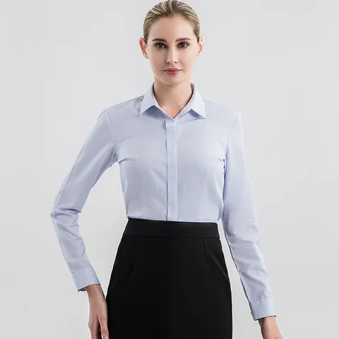 Women's Professional Cotton Non-Iron Blouse Slim Fit Formal Office Shirt with Hidden Buttons Long Sleeve Elegant Work Top