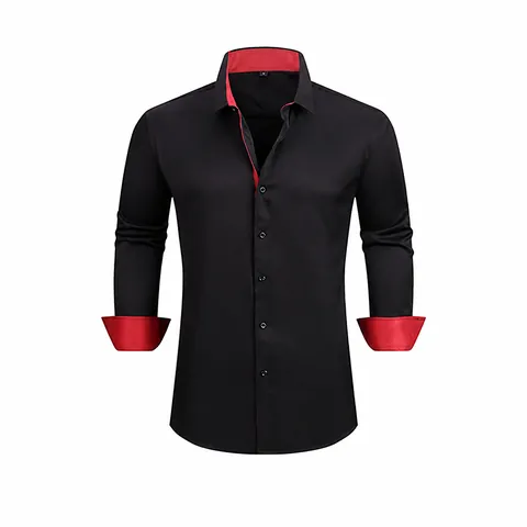 Camisa de Manga Larga Casual de Negocios para Hombre con Ribete de Color de Contraste Camisa Elástica Anti-arrugas