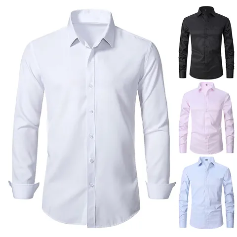 Camicia da Uomo Casual a Maniche Lunghe Taglia Europea Stretch in Quattro Direzioni Senza Stiro Slim Fit Tinta Unita Business Casual