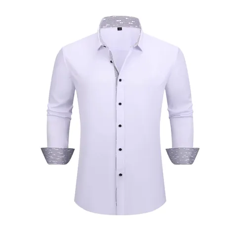 Camisa de Manga Larga Casual de Negocios para Hombre con Ribete de Color de Contraste Camisa Elástica Anti-arrugas