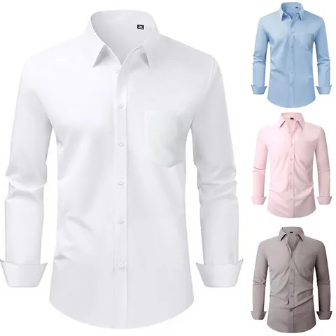 Camicia da Uomo Business Casual Manica Lunga Elasticizzata Tinta Unita Formale Elegante per Ufficio Lavoro Quotidiano