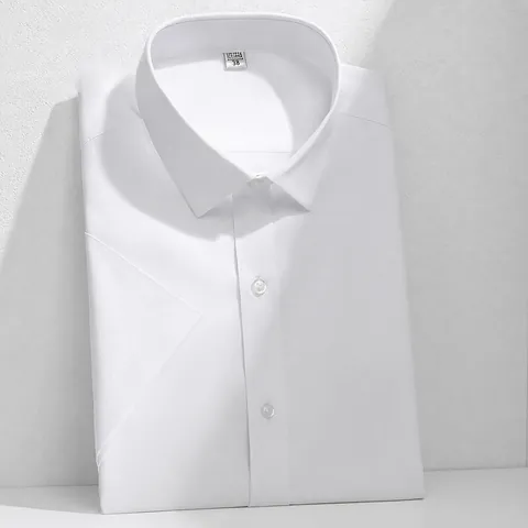 Men Business Short Sleeve Shirt Polyester Cotton Blend Solid Color Non-Iron Square Collar Casual Formal Dress Shirt Top