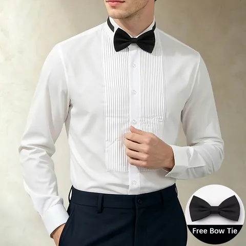 Men's Formal Tuxedo Shirt Long Sleeve Pleated Front French Cuff Business Dress Shirt with Bow Tie Wedding Banquet