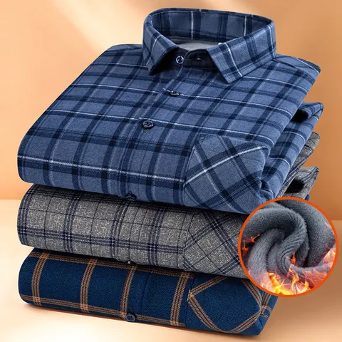 Herren Casual Karo Langarmhemd Gebürstet Fleecegefüttert Verdickt Thermische Wärme Top Quadratischer Kragen Knopfverschluss Mode Hemd