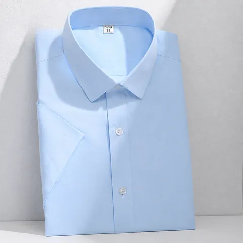 Men Business Short Sleeve Shirt Polyester Cotton Blend Solid Color Non-Iron Square Collar Casual Formal Dress Shirt Top