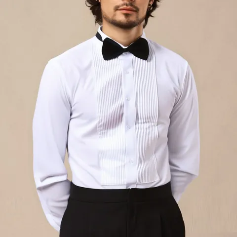 Men's Formal Tuxedo Shirt Long Sleeve Pleated Front French Cuff Business Dress Shirt with Bow Tie Wedding Banquet